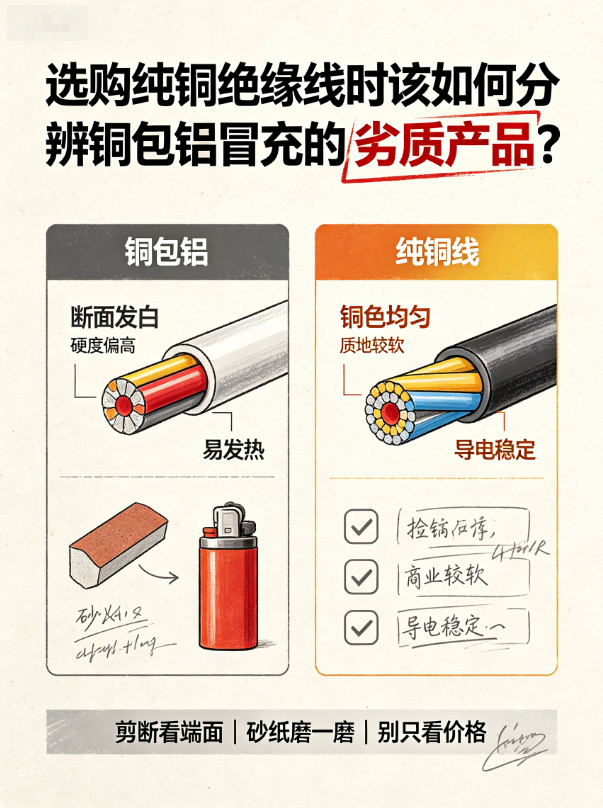 选购纯铜绝缘线时该如何分辨铜包铝冒充的劣质产品？