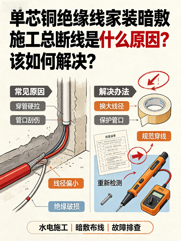 单芯铜绝缘线家装暗敷施工总断线是什么原因？该如何解决？