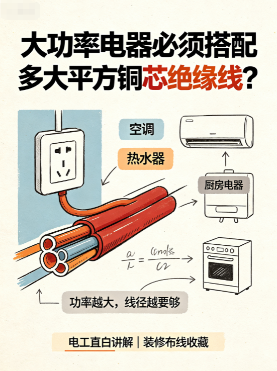大功率电器必须搭配多大平方铜芯绝缘线？电工直白讲解